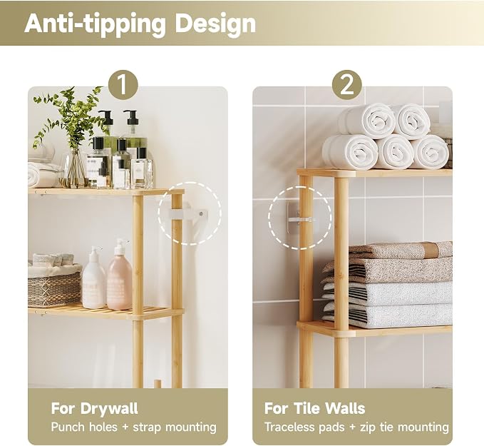 Over The Toilet Storage,2-Tier Bamboo Bathroom Shelf with Paper Holder - Image 6