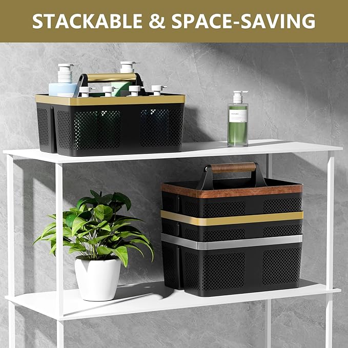 BYUNER Shower Caddy Dorm Men: Plastic Bathroom Caddy Organizer with Handle and Holes, Bath Caddy for College Dorm, Portable Shower Basket Tote for Toiletry, Travel, GYM, Camp Essentials Black/Gold - Image 4