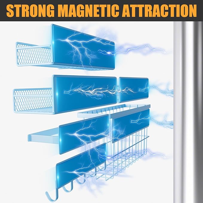 DTUQYX 6-Pack Magnetic Shelves for Washing Machine & Refrigerator, Heavy-Duty Laundry Organizer with Hanger Holder & Deep Baskets, Metal Storage System for Laundry Room (Blue) - Image 3