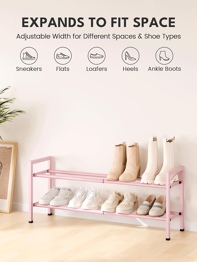 Bumusty 2 Tier Expandable Shoe Rack for Closet, Pink | 18"-33" Adjustable Shoe Rack for Entryway, Small Shoe Organizer for Dorm, Front Door, Sturdy Metal - Image 3