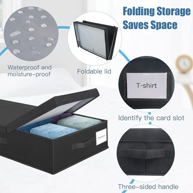 Supowin 2Pack Large Underbed Storage Containers Bin with Lids, Black | 6 Inches Tall Under Bed Storage Organizer Box with Handles, Foldable Closet Organizer for Clothes, Blankets, Seasonal Items - Image 4