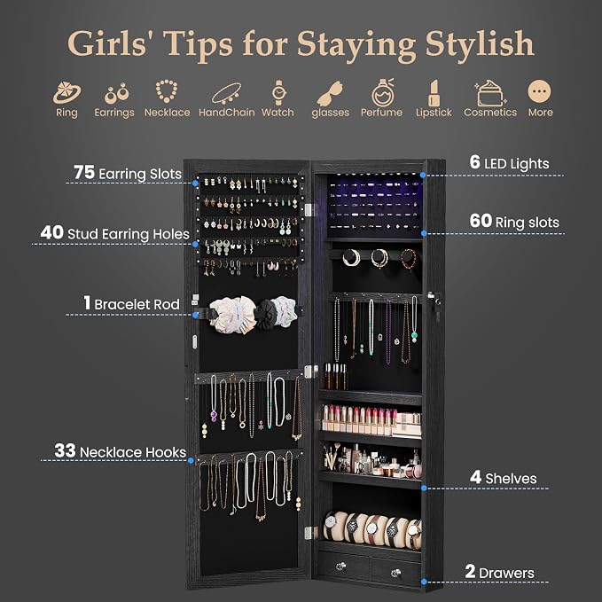 DUMOS 6 LEDs Mirror Jewelry Organizer Cabinet, Jewelry Armoire, 47.2 Inch - Image 3