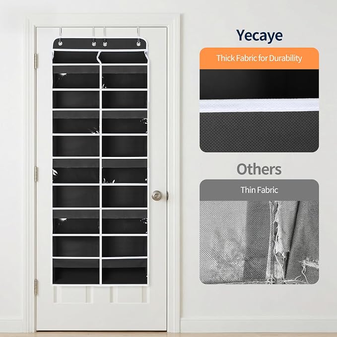 Yecaye 5 Tier Over The Door Organizer, Door Organizer with 10 Compartments | 20" W, Extra Large Behind Door Storage With 10 Side Pockets, 80lbs Heavy Duty, Clear Window, for Closet Bedroom Pantry, Black - Image 3
