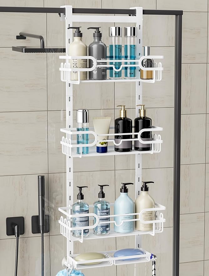 Consumest Over The Door Shower Caddy - 4 Tier Adjustable Hanging Shower Organizer Shelf with 2 Soap Holders & 22 Hooks, Rustproof Easy Installation Hanging Storage Rack for Bathroom, White by Consumest