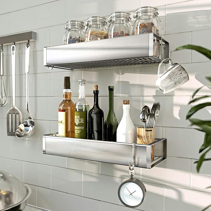 Bathroom Adhesive Shower Caddy Basket Shelf with Hooks, No Drilling Removable Bathroom Shelf Organizer,Stainless Steel Rustproof Shower Rack for Shampoo Storage, Sponge Holder-Silver - Image 2
