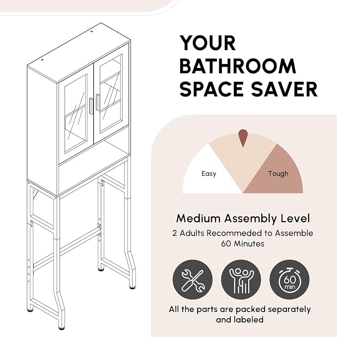 USHOWER Black Over The Toilet Storage Cabinet with Glass Doors - Image 9