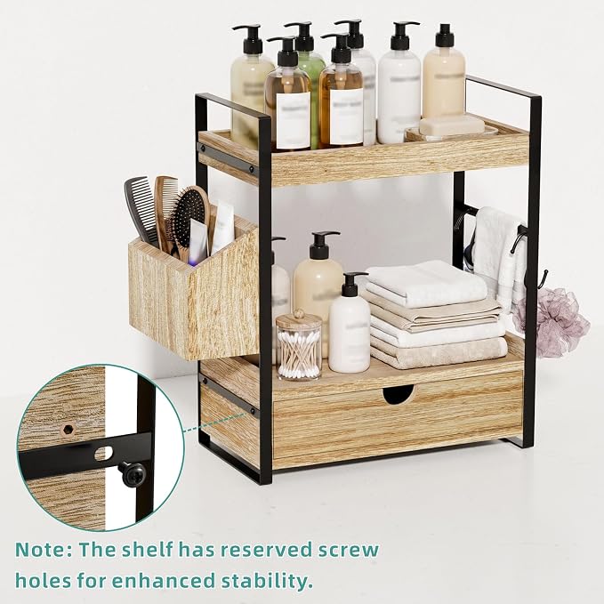 Kottwca 2-Tier Bathroom Counter Organizer with Drawer, Wooden Vanity Shelf - Image 4