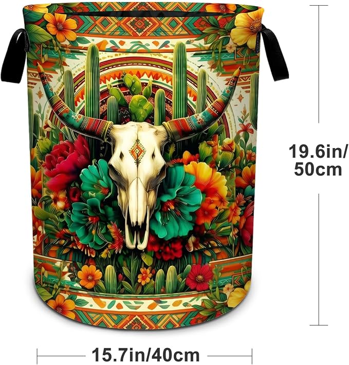 Western Skull Cactus Laundry Basket Foldable Laundry Hamper With Handles Clothes Storage Bucket Organizer Laundry Bag For Bedroom Bathroom Laundry Storage 19.6 x 15.7 - Image 2