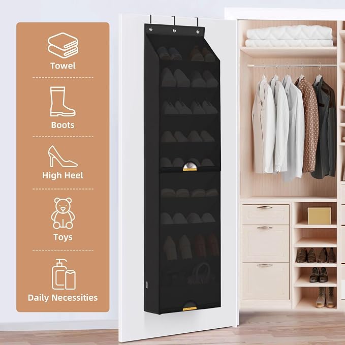 STORAGE MANIAC Over the Door Shoe Organizer with Curtain Dustproof Heavy-Duty Large Deep Pocket Hanging Shoe Organizer for Closet Dorm & Narrow Door Storage Shoe Holder Shoe Rack, 9-Shelf Black 1 Pack - Image 5