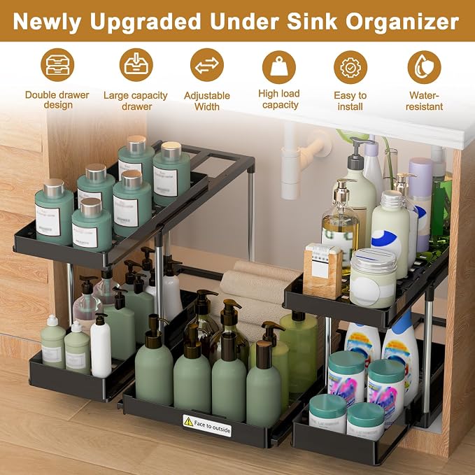 NIUXX Expandable Under Sink Organizer: 2 Tier Under Cabinet Organizer - Double Pull Out Shelf Under Sink Storage for Kitchen - Bathroom and Laundry Room - Space Saving - Image 6