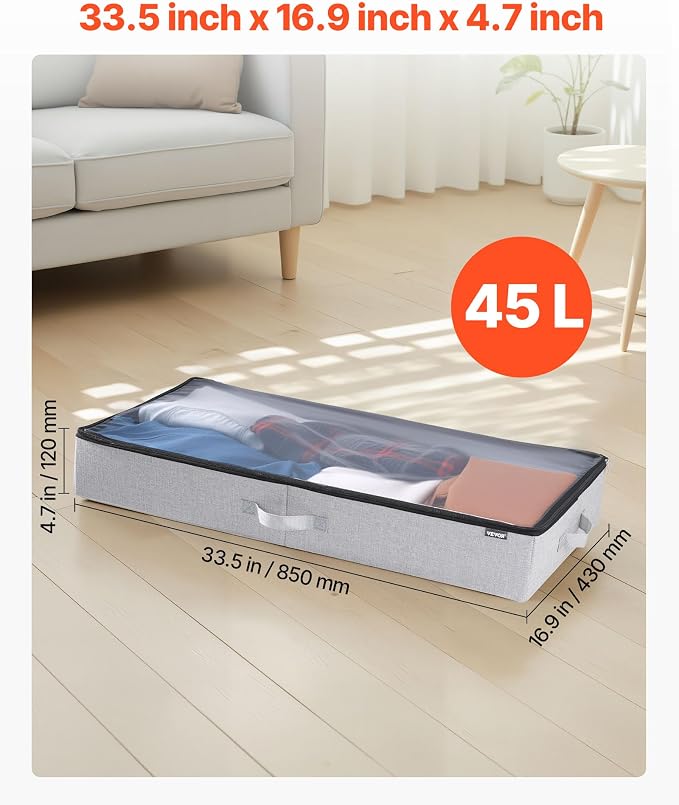 VEVOR Under Bed Storage with Clear Lids, 33.5 x 16.9 x 4.7 Inch, 45L Large Underbed Clothes Storage Containers, Low Profile Under Bed Drawer Shoe Organizer Bins Box for Blanket Shoe Bedroom, 2 Pack - Image 3