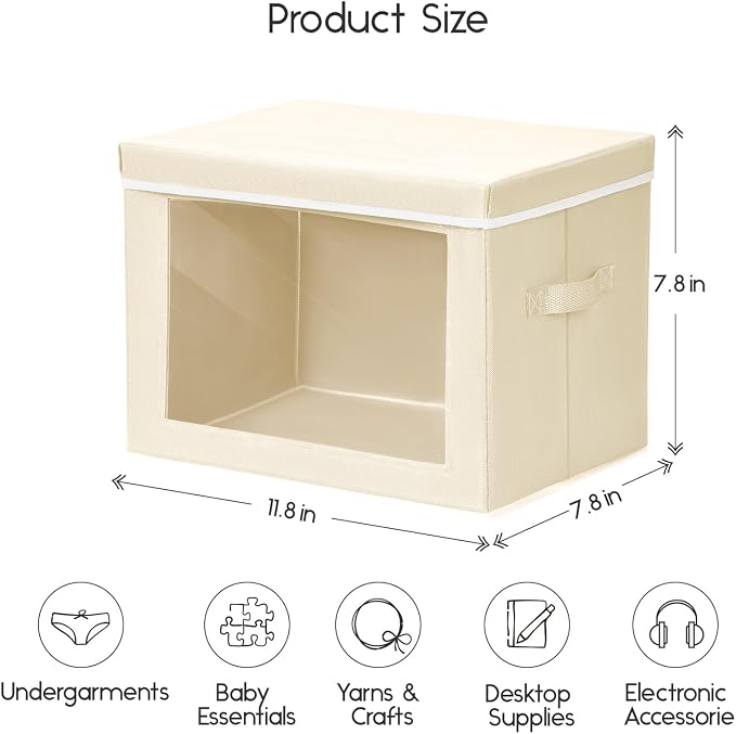 Homsorout Storage Bins with Lids - Small Fabric Organizers with Window, Collapsible Storage Bins for Clothes, Decorative Closet Organizers for Towels, Tshirt, 3 Pack, Beige - Image 2