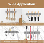 2Pcs Broom Holder Wall Mount, No-Drilling Self-Adhesive Mop and Broom Storage Rack with Hooks (4 Racks with 5 Hooks), Wall-Mounted Broom Hanger for Bathroom, Kitchen, Closet, Garage (Grey) - Image 2