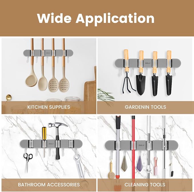2Pcs Broom Holder Wall Mount, No-Drilling Self-Adhesive Mop and Broom Storage Rack with Hooks (4 Racks with 5 Hooks), Wall-Mounted Broom Hanger for Bathroom, Kitchen, Closet, Garage (Grey) - Image 2