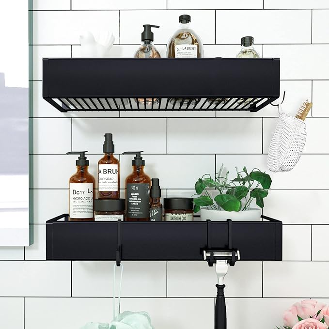 Shower Caddy, Adhesive Shower Organizer with Hooks, Shower Shelves for Inside Shower, No Drilling Shower Rack Holder, Shower Storage for Bathroom, Kitchen Spice Rack-2 Pack Black - Image 4