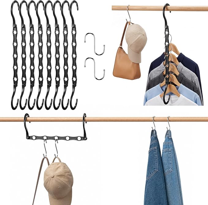 8 Pack Black Space Saving Hangers for Closet Organizers and Storage, 9.4 inch with 5 Enclosed Anti-Slip Hole, Clothing Hangers for Small Apartment & Small Closets and Dorm Room Essentials by NEDLEDK