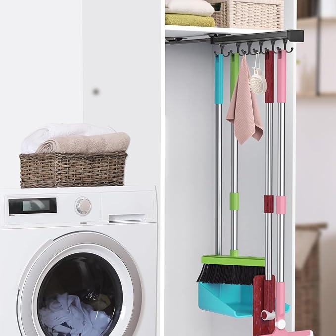 Pull Out Broom Holder With Adjustable Double Row Sliding Hook-Grey 14.2IN by DegMongee