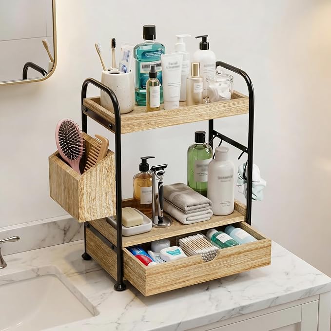 2-Tier Bathroom Counter Organizer with Drawer, Wooden Vanity Skincare Shelf - Image 2