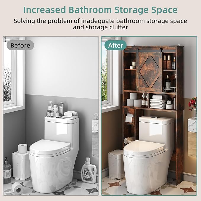Over the Toilet Storage Cabinet with Farmhouse Sliding Barn Door, Above Toilet Organizer with Toilet Paper Holder Stand, Behind Toilet Shelf, Space Saver for Restroom, Bathroom, Laundry, Brown - Image 9