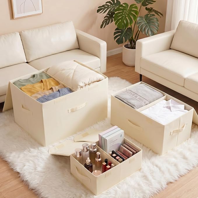 2 Pack Large Storage Boxes with Lids and Handles, Collapsible Linen Storage Bins Organizer Containers Baskets Cube with Removable Divider for Home Bedroom Closet Office (Grey, XL) - Image 3