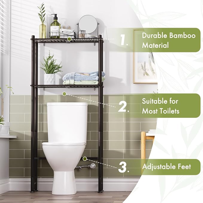 AmazerBath Bamboo Over The Toilet Storage Shelf, 2-Tier Over Toilet Bathroom Organizer Rack, Bathroom Shelves Over Toilet Space Saver, Espresso - Image 4