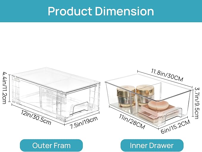 Vtopmart 6 Pack Stackable Storage Drawers,Clear Acrylic Drawer Organizers with Handles, Easily Assemble Containers for Fridge, Bathroom,Kitchen Undersink,Cabinet,Pantry Organization and Storage - Image 3