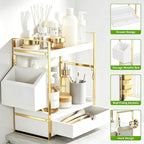 2-Tier Bathroom Counter Organizer, Wooden Vanity Shelf with Drawer & Basket - Image 3