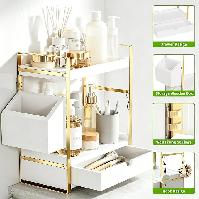 2-Tier Bathroom Counter Organizer, Wooden Vanity Shelf with Drawer & Basket - Image 3