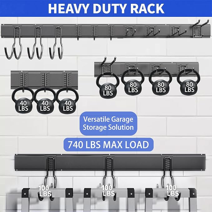 Garage Tool Organizer Wall Mount, 64 Inch Heavy Duty Garden Tool Organizer Storage System, Easy Install with 10 Adjustable Hooks, for Garage, Basement, Shed, Workshop, Black, Steel - Image 3