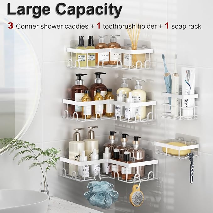 Liuoud Corner Shower Caddy 5 Pack Adhesive Stainless Steel Organizer White - Image 2