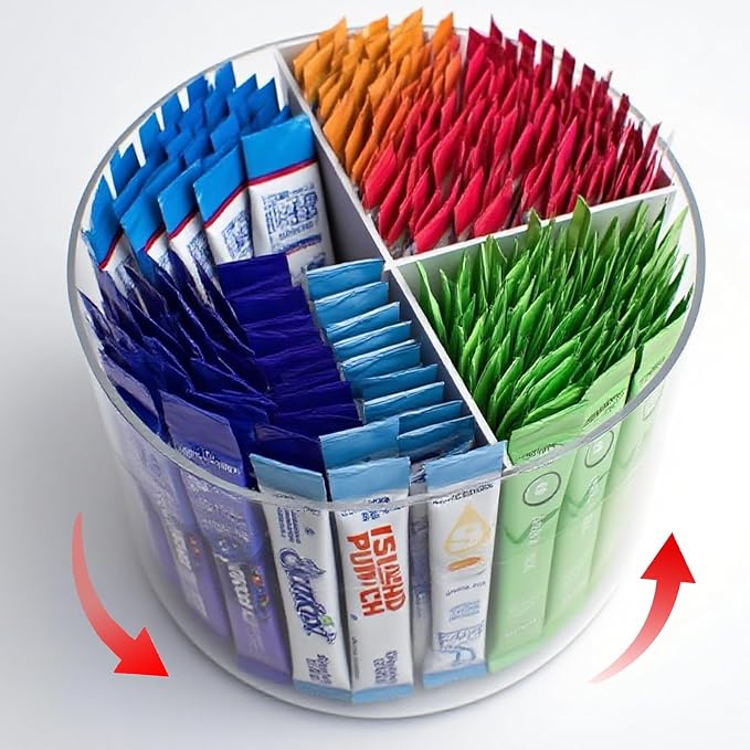 360° Spinning Drink Packet Organizer, Clear BPA-Free Plastic 4-Section Clear Storage for Coffee, Sugar & Drink Mixes | Stackable Kitchen & Pantry Container by TIMVIEA