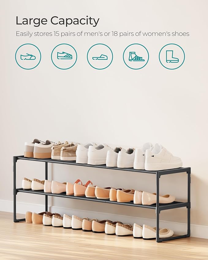 SONGMICS Shoe Rack, 2-Tier Shoe Organizer, Metal Storage Shelf | for Entryway, Upright or Upside Down, for 15-18 Pairs, Stackable, 11.8 x 46.1 x 14 Inches, Black ULSA032B01 - Image 6