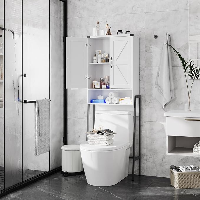 Vabches Over The Toilet Storage Cabinet with 2-Door Design Bathroom Organizers and Storage with Anti-Tip Device Over Toilet Organizer with Shelves for Bathroom,Restroom,Laundry White by Vabches