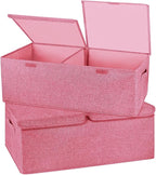 2 Pack Large Storage Boxes with Lids and Handles, Collapsible Linen Storage Bins Organizer Containers Baskets Cube with Removable Divider for Home Bedroom Closet Office (Pink, Small) by Unknown