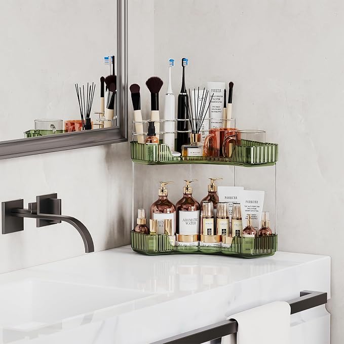 Asayuee 2-Tier Corner Bathroom Counter Organizer with Top Toothbrush Holders,Large Makeup Organizer Countertop with Brush Holder,Skincare Organizers Corner,Exquisite Vanity Organizer(Green, 2 Tier) - Image 6
