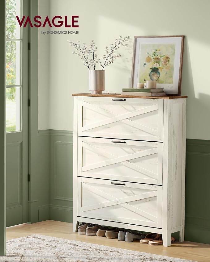 VASAGLE Farmhouse Shoe Cabinet, Narrow Storage Organizer, 3 Flip Drawers - Image 2