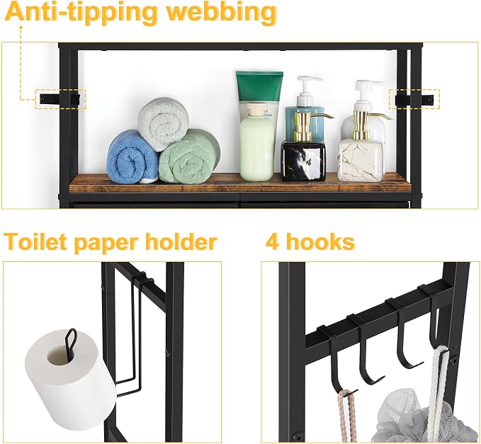 YBING Over The Toilet Bathroom Storage Cabinet for Freestanding, Above Toilet Shelf with Fabric Drawer, Tall Bathroom Shelf Organizer with Toilet Paper Holder, Brown - Image 8