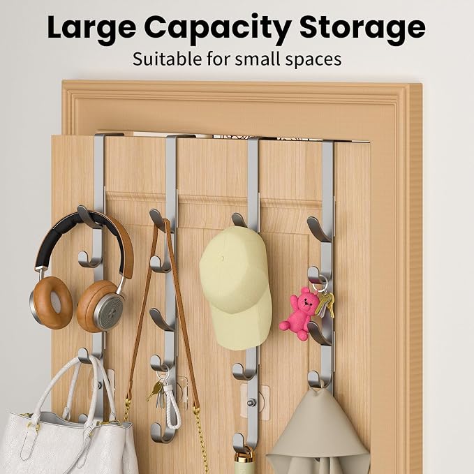 Kaiferty Over The Door Hooks, Metal Door Hooks for Hanging, Over The Door Purse Organizer for Door Coat Hanger, Back of Shower for Hanging Towel Rack Clothes, Hat, Bathroom, Closet (Silver-4Packs) - Image 3