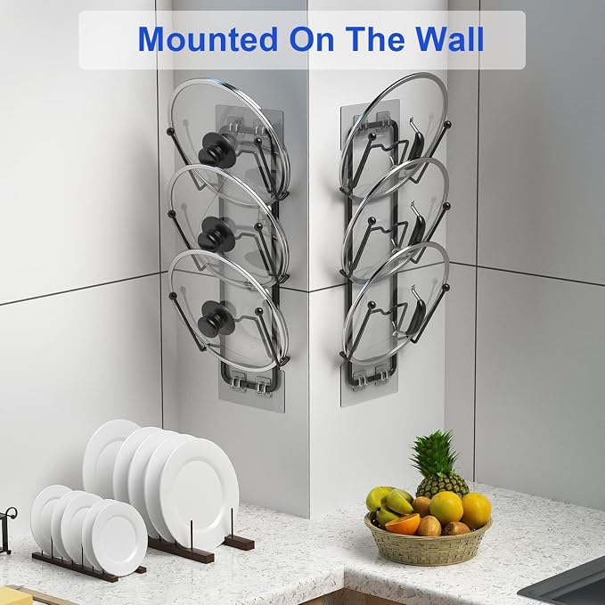 2 Pack Pot Lid Organizer for Cabinet, 2 in 1 Wall Mount & Adhesive Pot Lid Holder Rack for Kitchen Storage 6 Tier Pan Lid Organizer for Easy & Tidy Kitchen Organization - Image 6