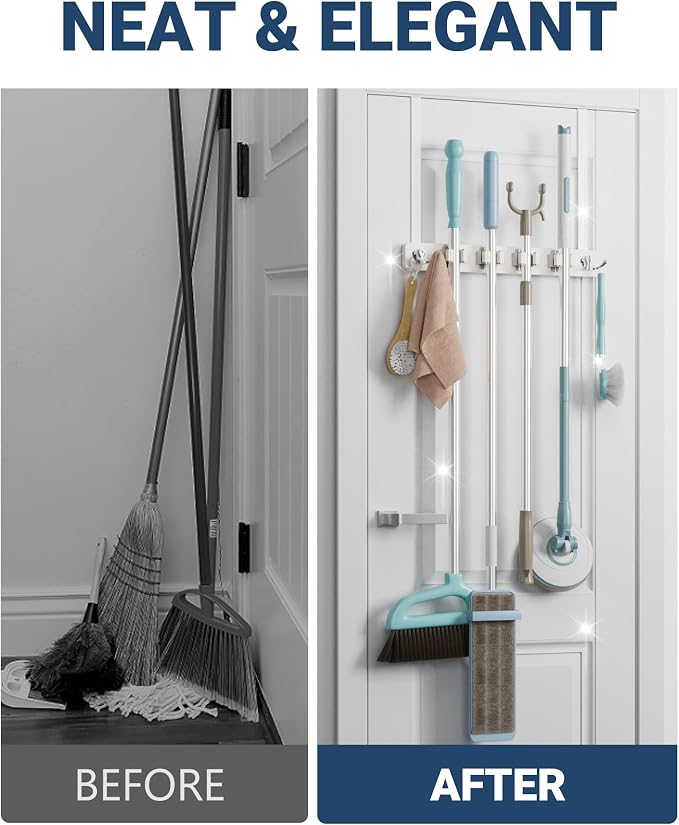 Lorbro Broom Holder Door Mount, Wood Over the Door Broom and Mop Holder - Image 5