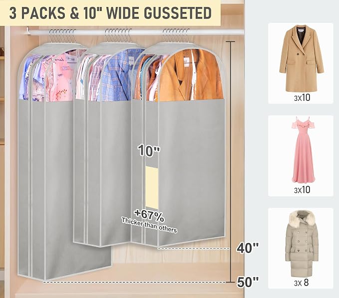 MISSLO 10" Gusseted Garment Bags for Hanging Clothes 40"+50" Clear Suit Bags for Closet Storage Dress Bag for Gowns Long Coat Protector, 3 Packs, Grey - Image 2