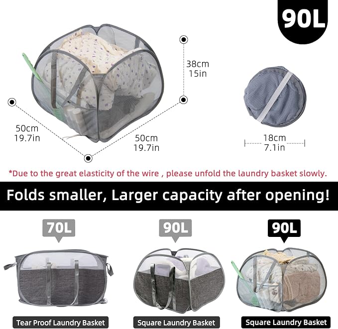 Collapsible Laundry Basket, 90L Mesh Pop-up Hamper with Handles - Image 2