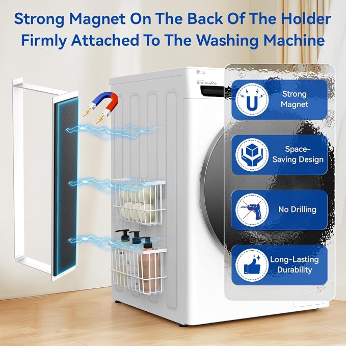 Laundry Room Organization and Storage Magnetic Dryer Ball Holder with Magnetic Hanger Holder, Magnetic Lint Bin for Washer Dryer, Iron Basket Dryer Ball Container, Magnetic Laundry Organizer (White) - Image 2