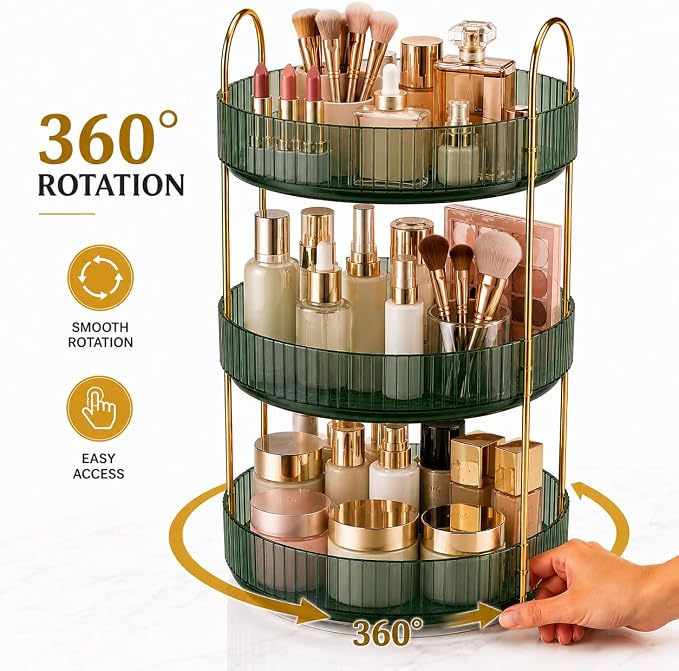 360° Rotating Organizer, Lazy Susan Bathroom Counter Organizer for Perfume, Skincare, Makeup & Cosmetic Storage, Vanity Countertop Organizer, Green, 3-Tier - Image 2