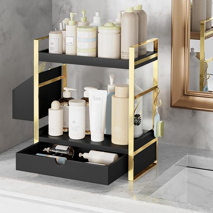 2-Tier Bathroom Counter Organizer, Wooden Vanity Shelf with Drawer & Basket - Image 4