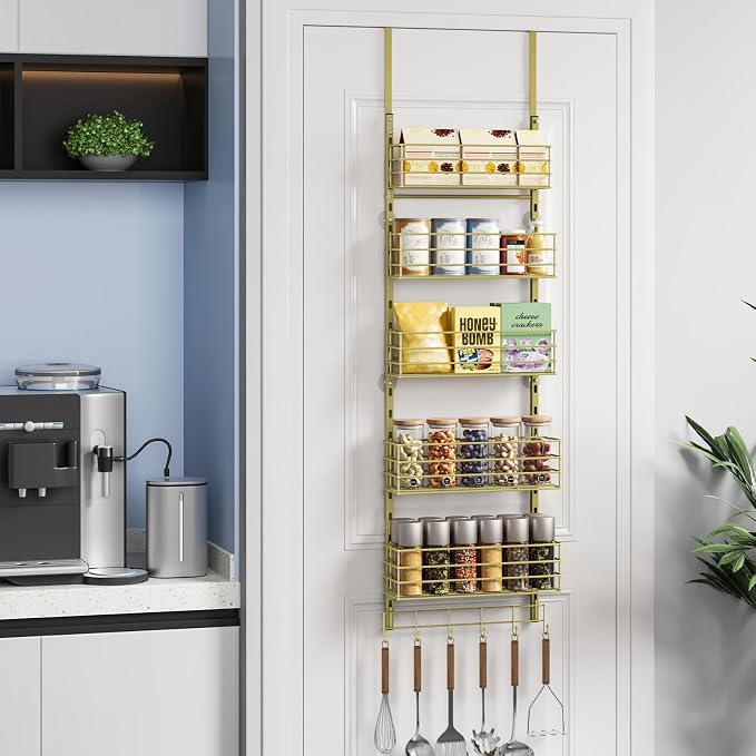 SWTYMIKI Over The Door Organizer - Door Organizer Hanging with 5 Adjustable Metal Large Capacity Basket and 6 Coat Hook, Wall Mounted Shelf for Bedroom Closet Bathroom Laundry Pantry Cabinet Kitchen - Image 7