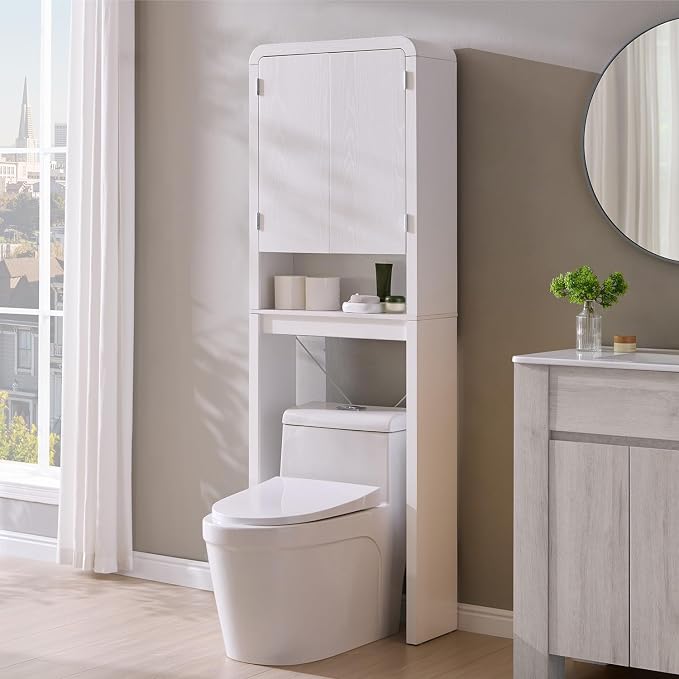 Over the Toilet Storage Cabinet, 69.69" Curved Bathroom Storage Organizer Cabinet with Doors and Adjustable Shelves, Wooden Free Standing Toilet Space Saver Rack, White - Image 3