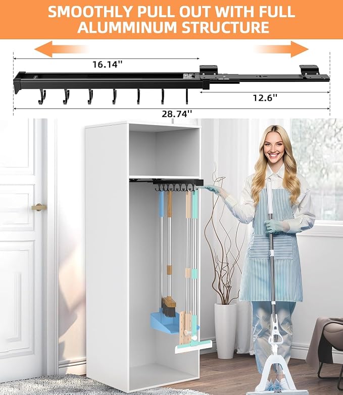 Pull Out Broom Holder With Adjustable Double Row Sliding Hook-Black 16.14IN - Image 3
