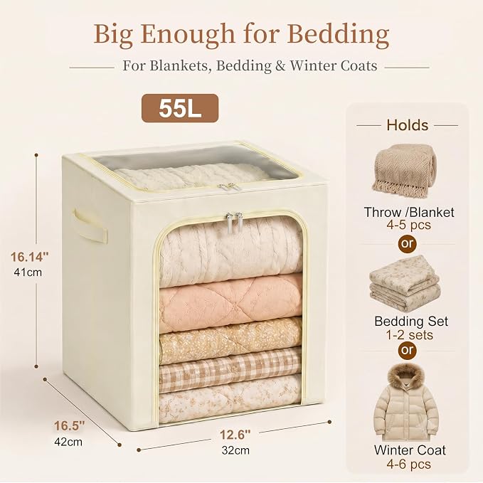 GoMaihe Blanket Storage Bins with Metal Frame for Closet, 55L 6-Pack Beige - Image 3