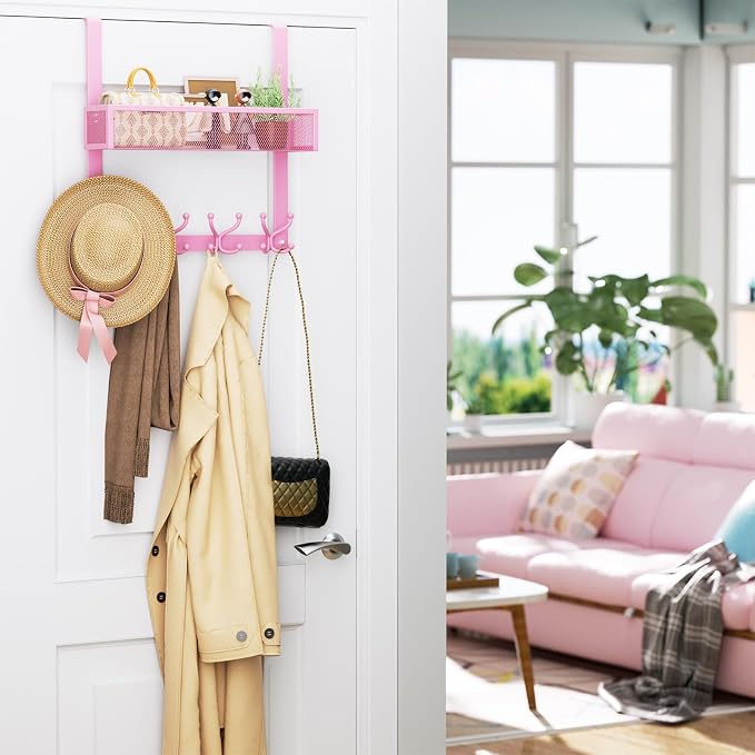 Consumest Over The Door Hooks Organizer - 2 Tier Over Door Hanger with 16 Hooks & 2 Baskets for Hanging Coat, Clothing, Towel, Back Storage for Bathroom, Closet, College Dorm, Pink - Image 2